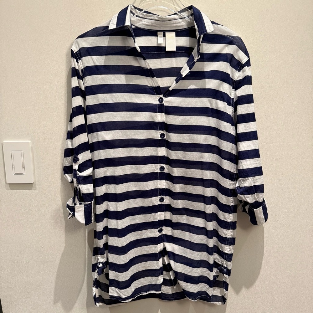 Anne Cole Navy and White Striped Shirt Dress Button Down